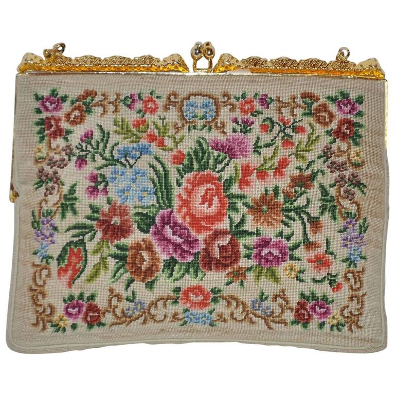 Delill Micro Multi-Color Floral Needlework with Gold Hardware Handbag ...