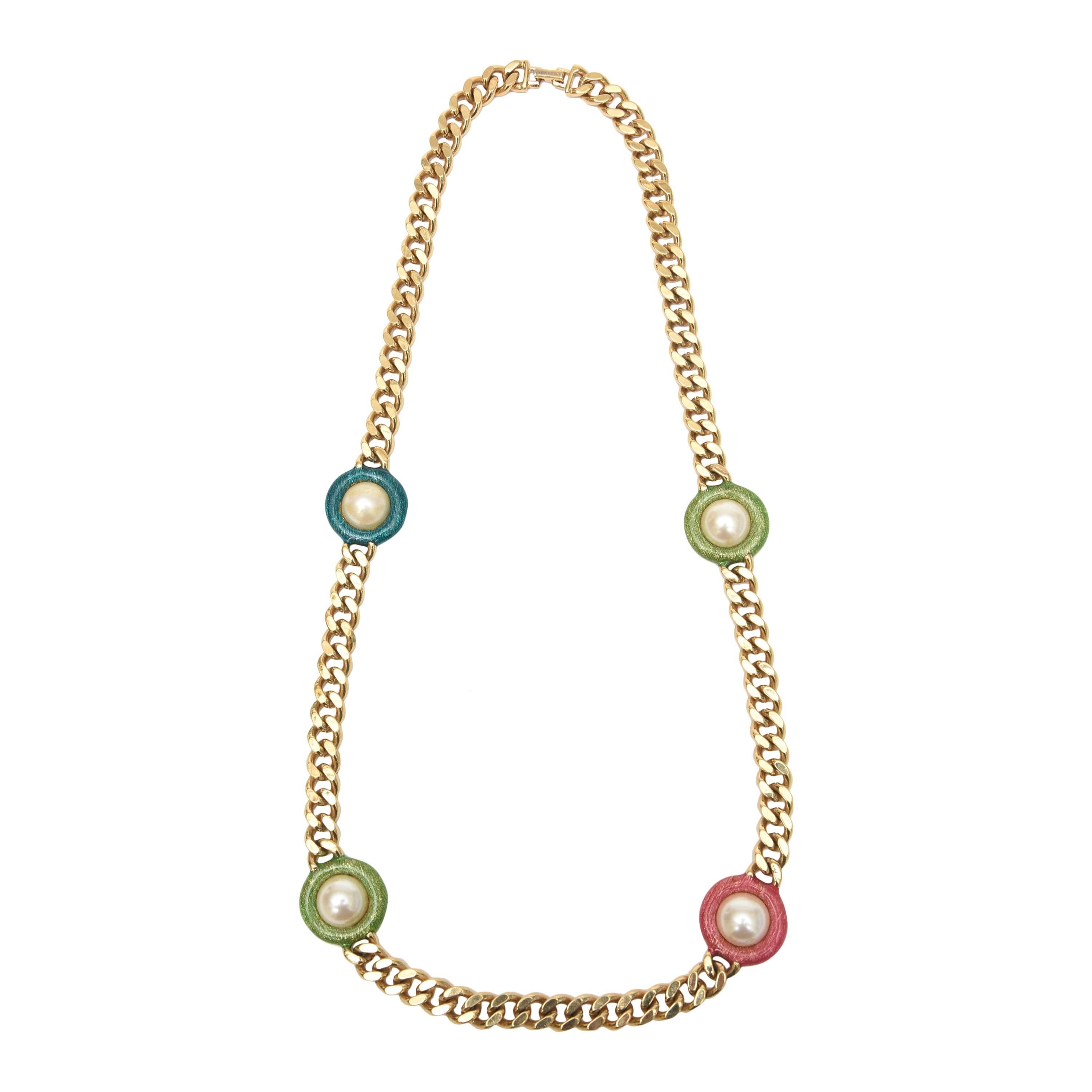 Guy Laroche Gold, Tone Chain Link Strand Necklace with Enamel and Faux Pearl SALE