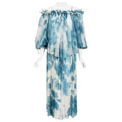 Vintage 1970's Sant' Angelo Blue Cloud Print Chiffon Dress & Off-Shoulder Blouse