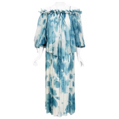 1970's Sant' Angelo Blue White Cloud Print Chiffon Off-Shoulder Maxi Dress