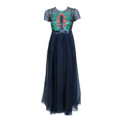 Rare 1970's Madame Grès Haute Couture Beaded Berry Motif Navy Sheer Silk Gown