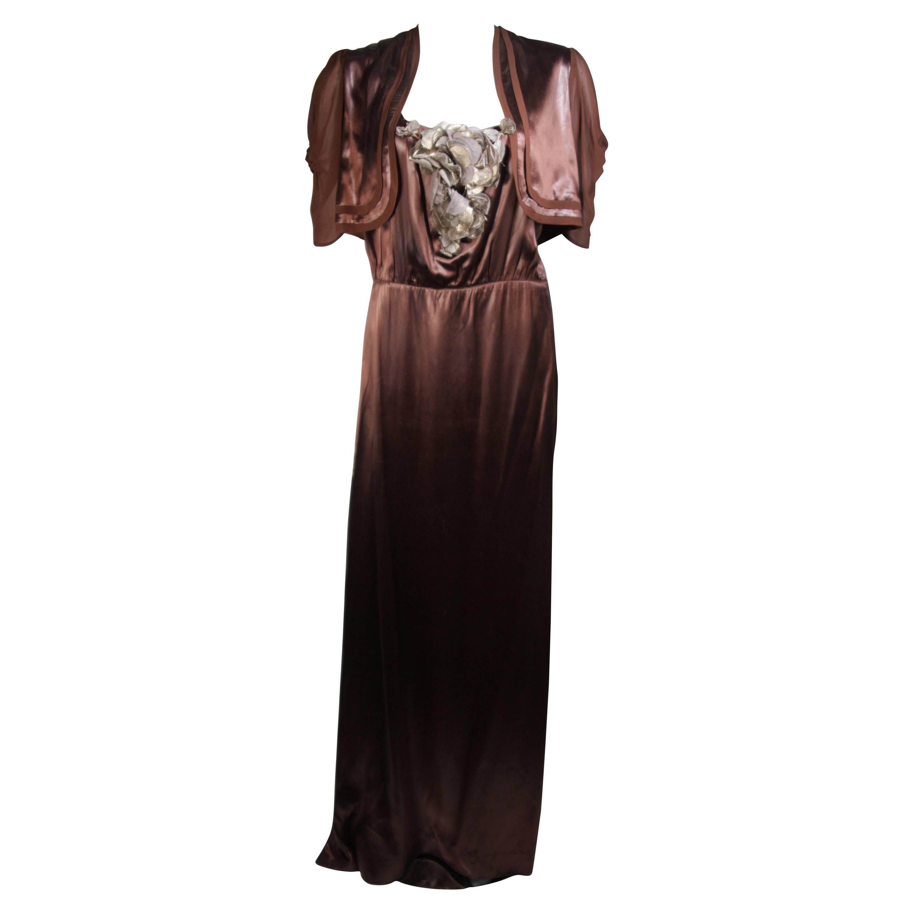 Madame Eme 1920's Custom Brown Silk Gown with Boler Size Small For Sale