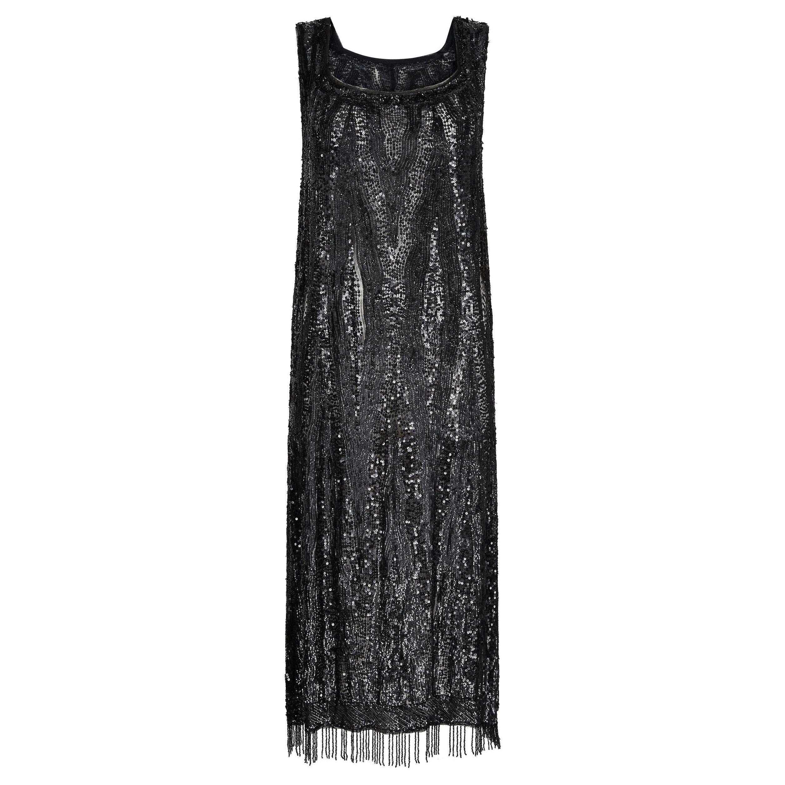 1920er Haute Couture Schwarzes Pailletten Flapper Kleid mit Quastensaum im Angebot