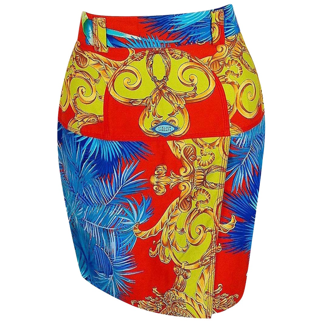 Vintage 1992 Gianni Versace Couture Baroque Novelty Palm-Trees Print Mini Skirt For Sale