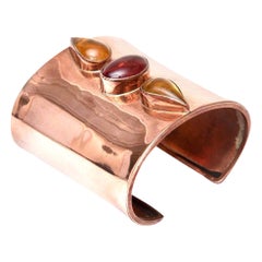 Vintage Copper, Red & Yellow Amber Glass Stones Wide Cuff Bracelet One Of A Kind