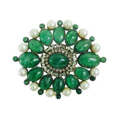 Chanel rare early signed large Gripoix emerald brooch 1950s