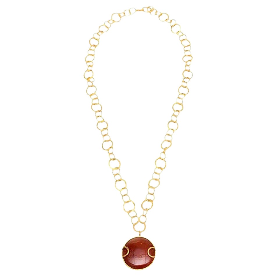 Sharron Yarro Hand Hammered Gold Plated Link and Carnelian Necklace Vintage