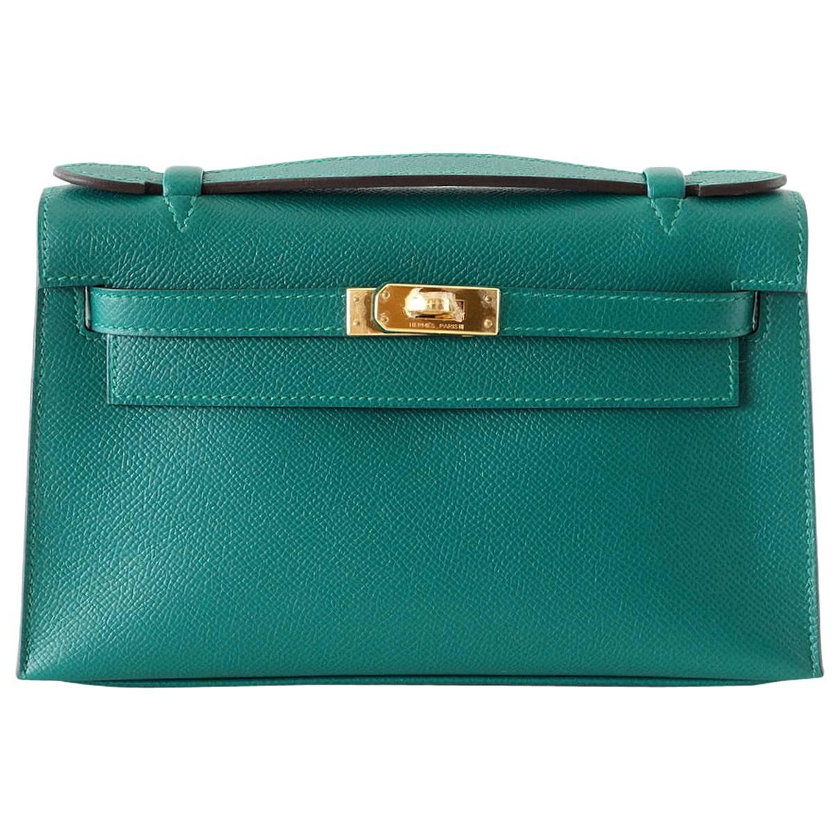 Hermes Kelly Pochette Clutch Bag Emerald Toned Malachite Epsom Gold 