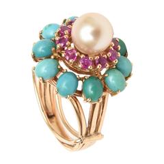 Ruby. Pearl, Turquoise 14K Cocktail Dome Ring 5