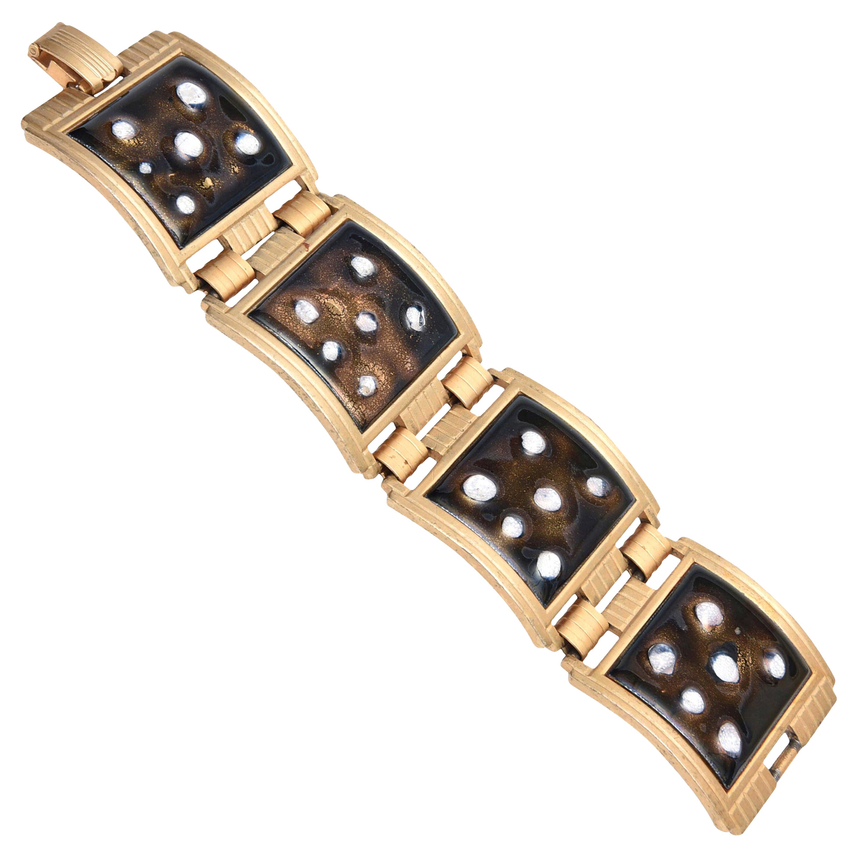 Vintage White and Brown Enamel Gold Plated Abstract Link Cuff Bracelet For Sale