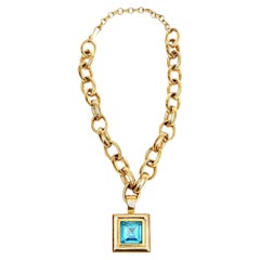 Givenchy Vintage Brass Chain and Turquoise Glass Medallion Link Necklace