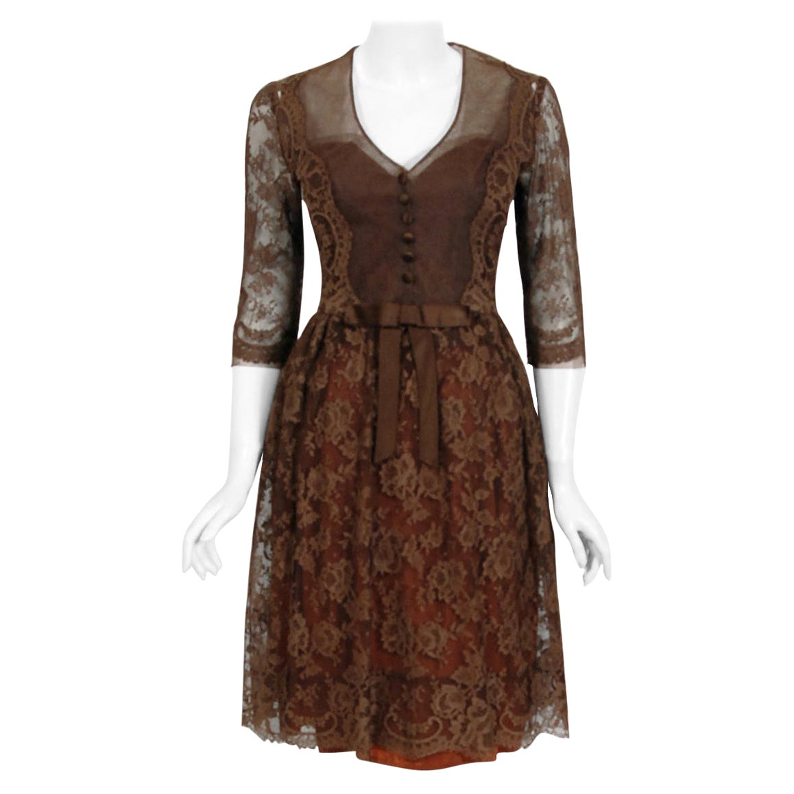 Vintage 1955 Maggy Rouff Haute Couture Brown Sheer Illusion Chantilly Lace Dress