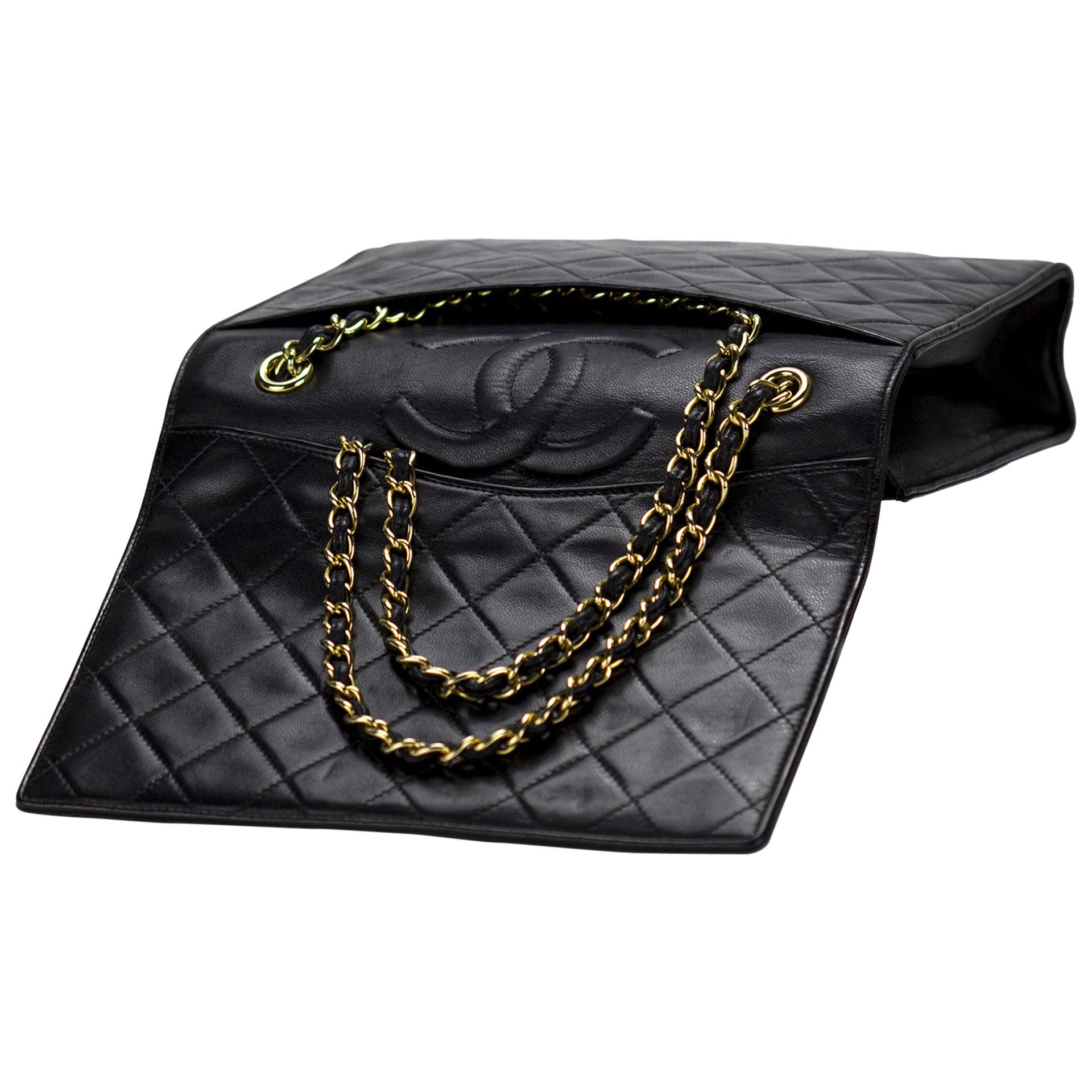 Vintage CHANEL Black Leather Chevron Quilted Stripe Shoulder Bag 80s