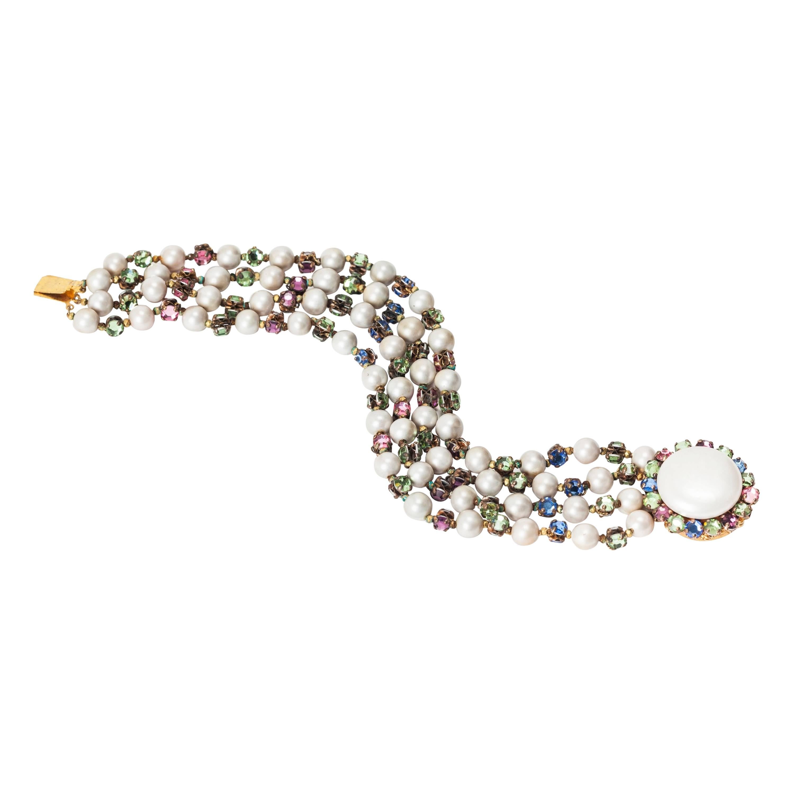 Miriam Haskell Pastel Crystal and Freshwater Pearl Bracelet For Sale