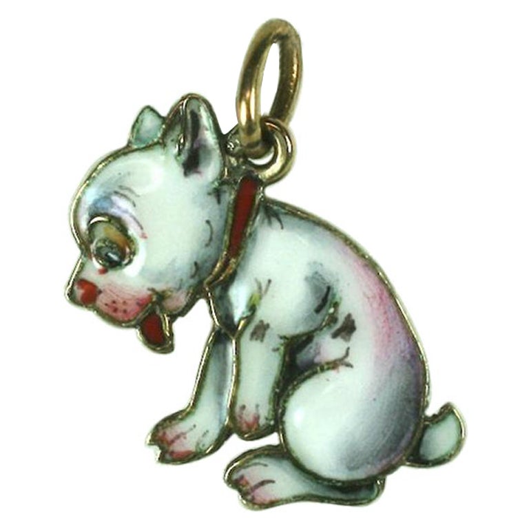 Art Deco Enamel and Gold Puppy Charm For Sale