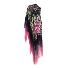 Magnificent gold lame with rose bouquets silk shawl with ombred fringe 1920s 1