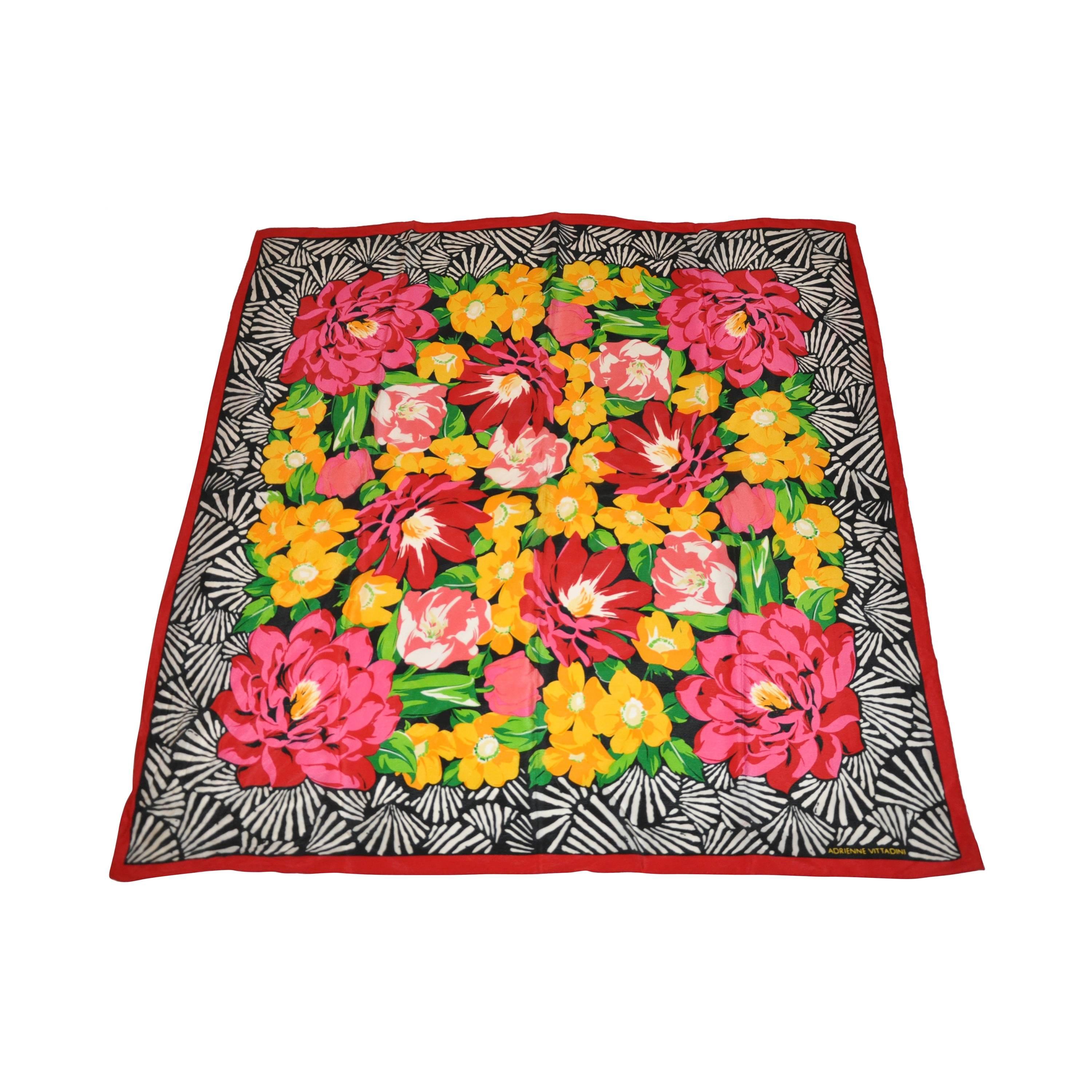 Adrienne Vittadini Bold Multi-Color Floral Print Silk Scarf For Sale