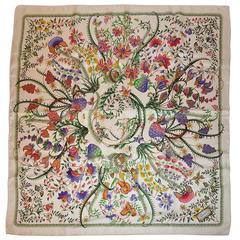 Gucci White Multi-Color Floral Print Silk Scarf