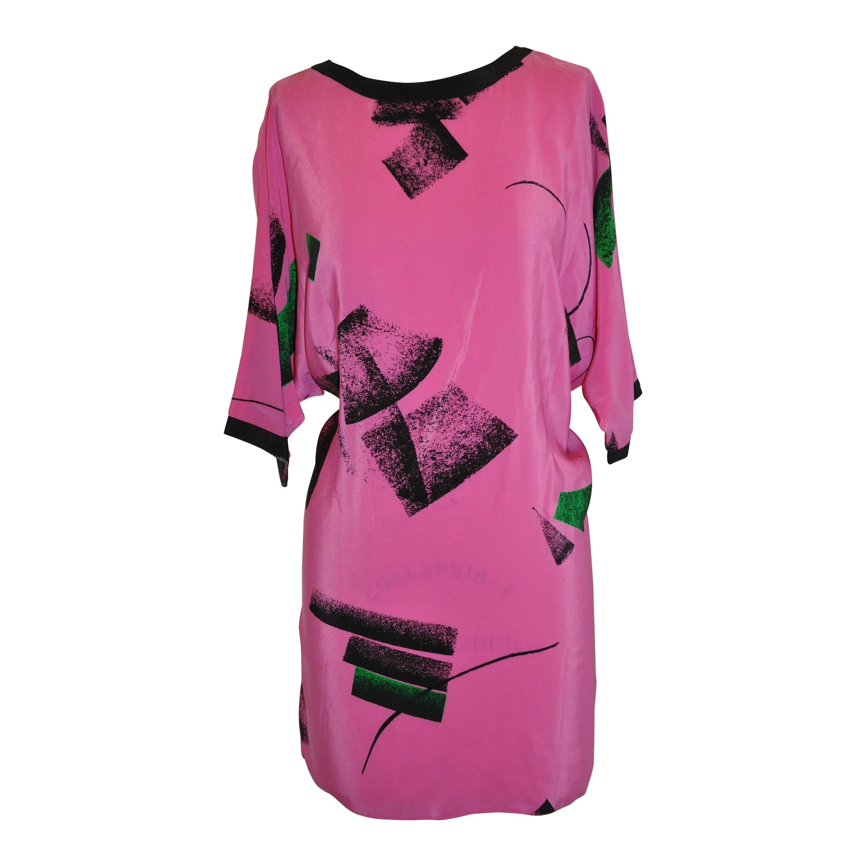 Flora Kung Bold Fuchsia And Black Abstract Silk Tunic For Sale