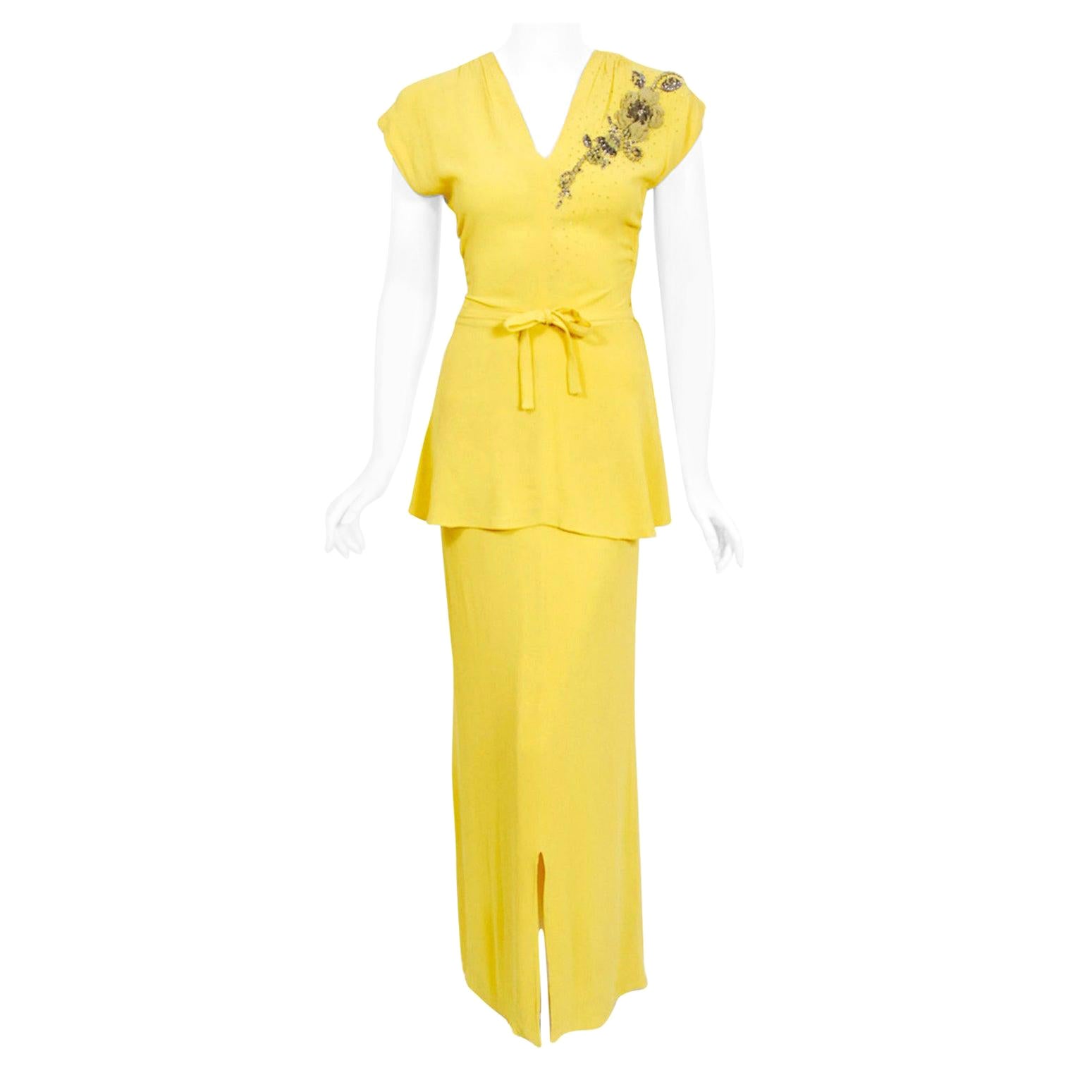 Vintage 1940's De Pinna of New York Lemon Yellow Rayon-Crepe Beaded Peplum Gown
