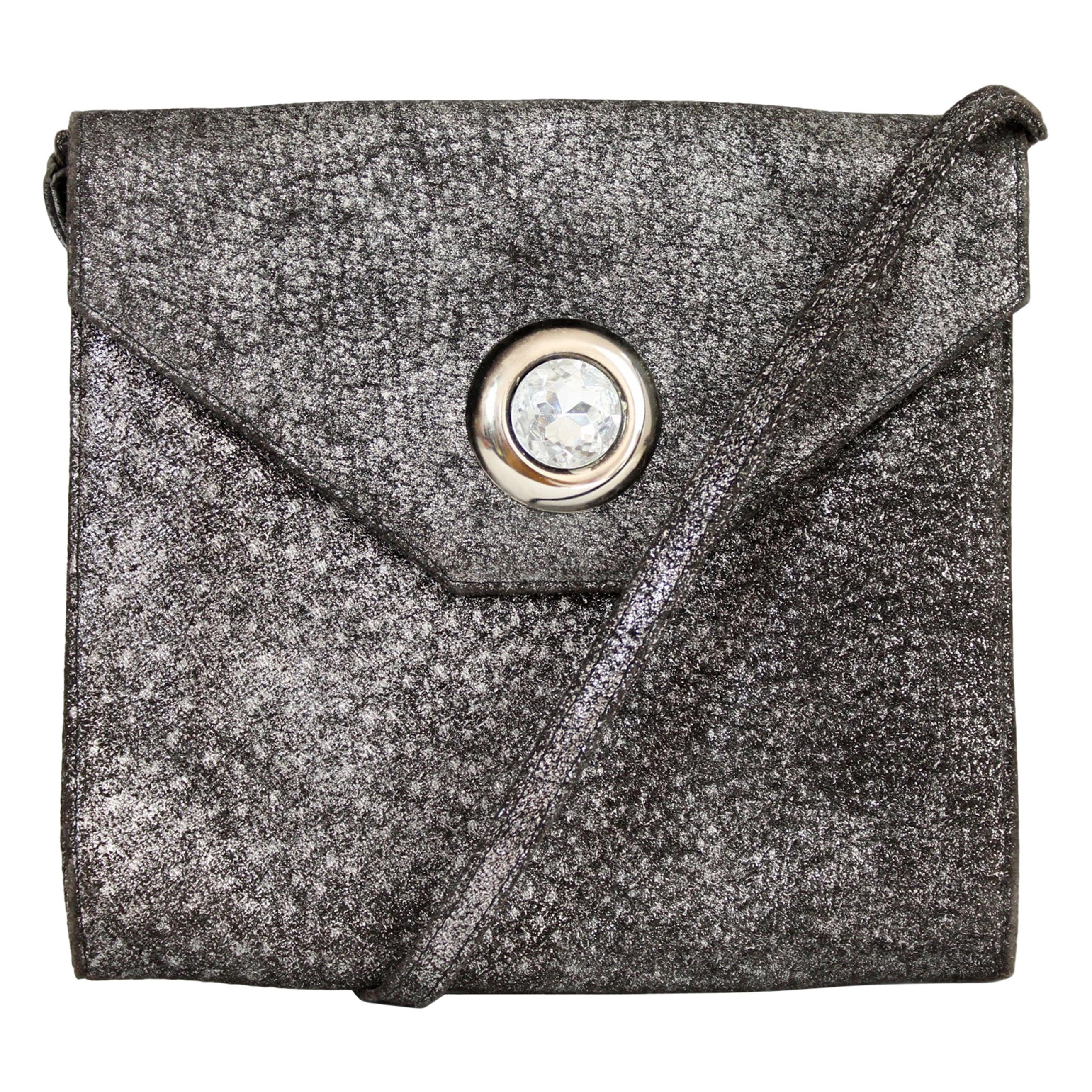 Krizia - Sac de soirée porté épaule en cuir argenté avec boutons en forme de bijou, fabriqué en Italie, années 1980