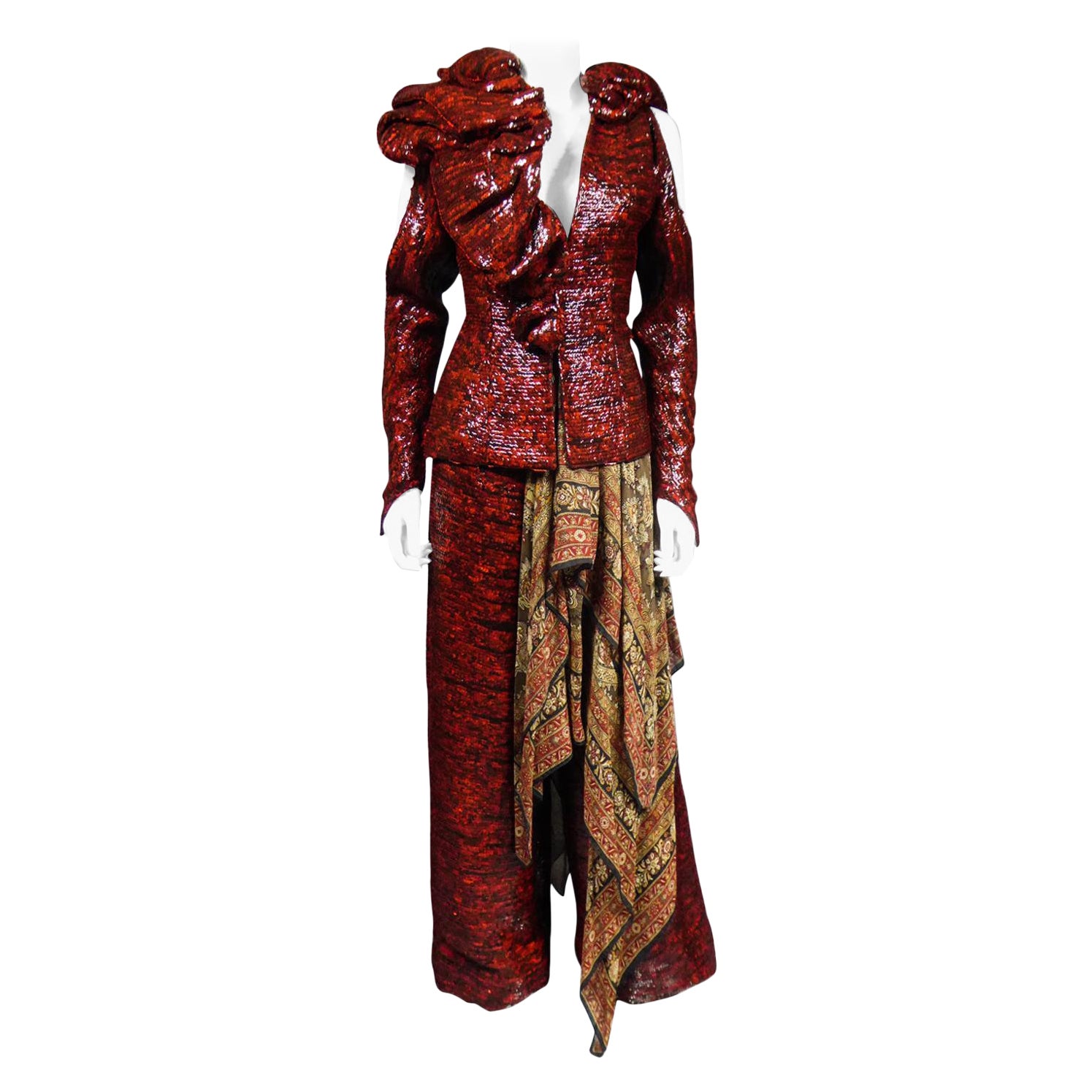 Fall Winter Collection 2001-2002
France
Jacket and pants set for Haute Couture Fashion Show - Look n ° 13 by Jean-Louis Scherrer - Stéphane Rolland, Fall Winter Collection 2001-2002. Astonishing marriage of red and black sequin embroidery and silk
