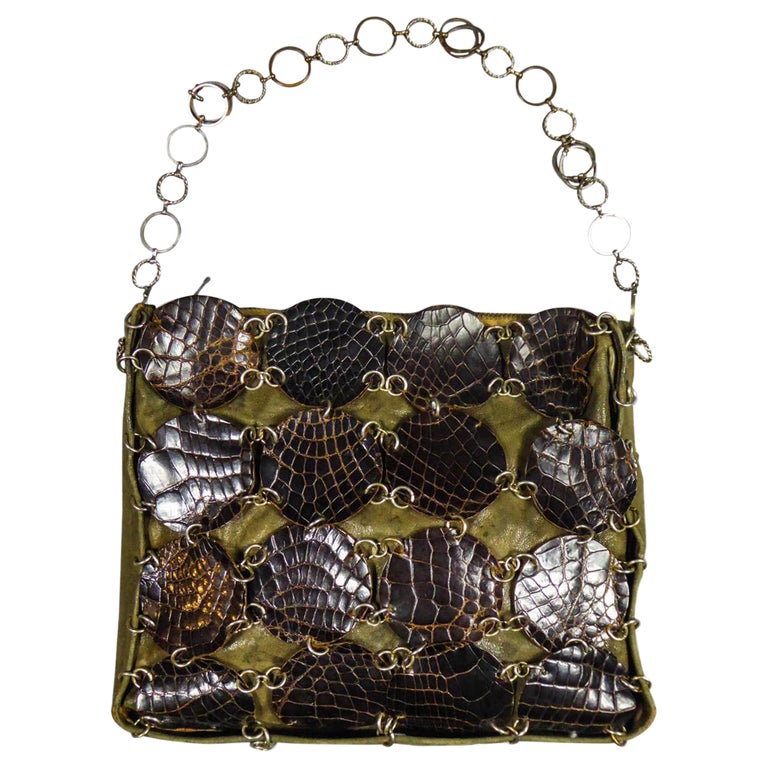 A Paco Rabanne Evening Clutch in Khaki Leather and Pads Circa 1968 For Sale