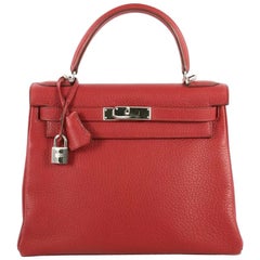 Hermes Kelly Handbag Rouge Garance Clemence with Palladium Hardware 28