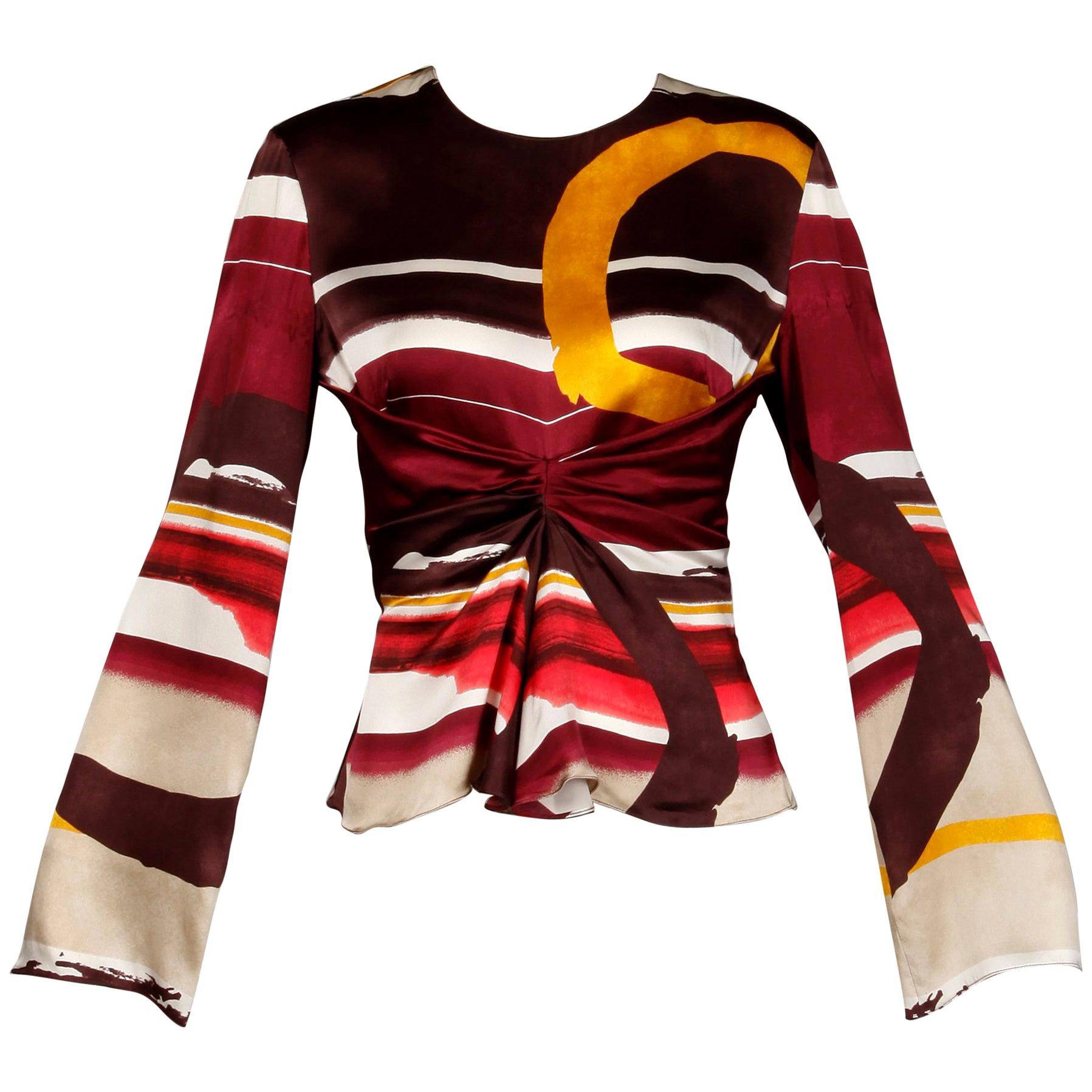 Christian Lacroix Abstract Printed Striped Silk Bell Sleeve Top/Shirt/Blouse