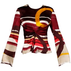 Christian Lacroix Abstract Printed Striped Silk Bell Sleeve Top/Shirt/Blouse