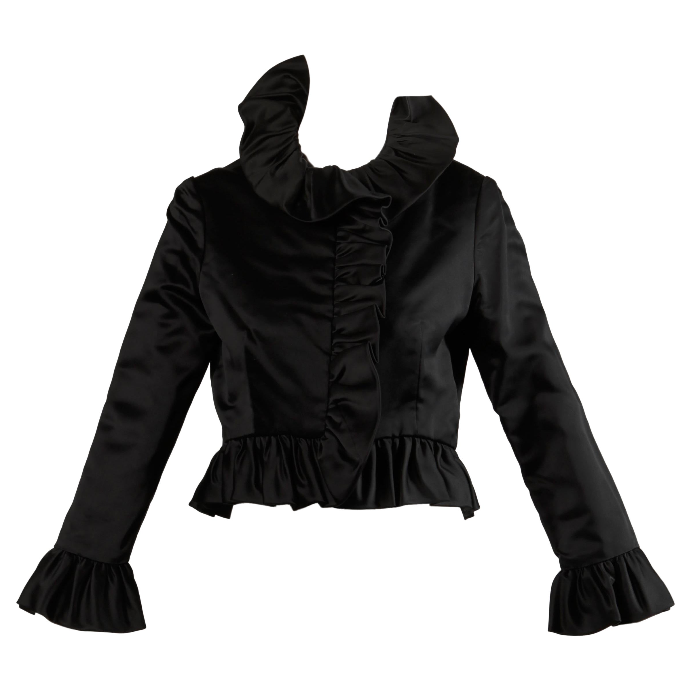 Michael Novarese Vintage 1970s Black Silk Satin Evening Jacket with Ruffle For Sale