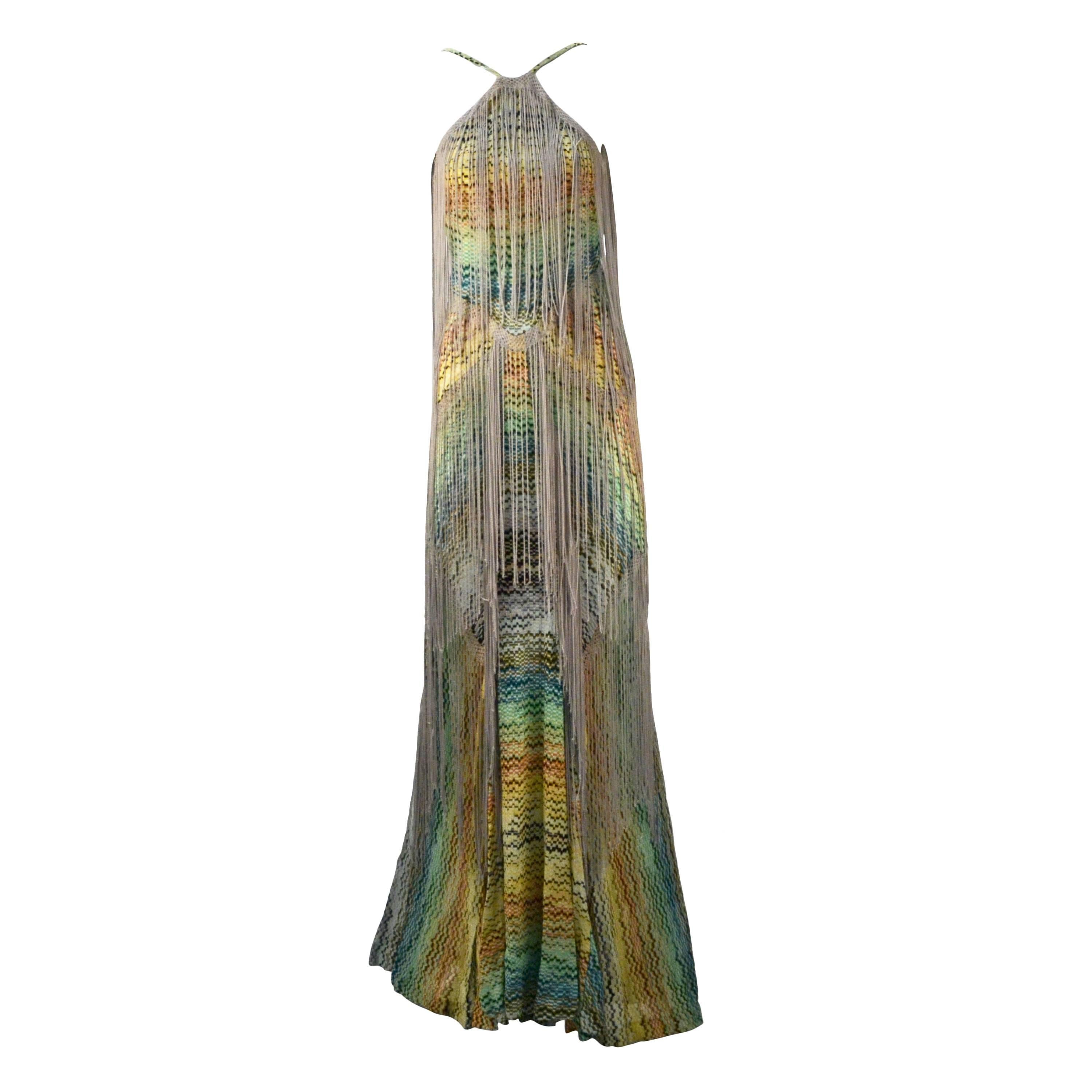 1980s Missoni Multi Color Knit Halter Dress with Fringe For Sale