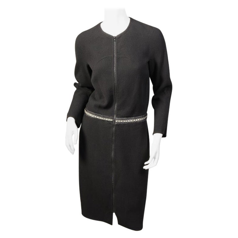 Chado Ralph Rucci Shagreen Trimmed Black Wool Dress For Sale