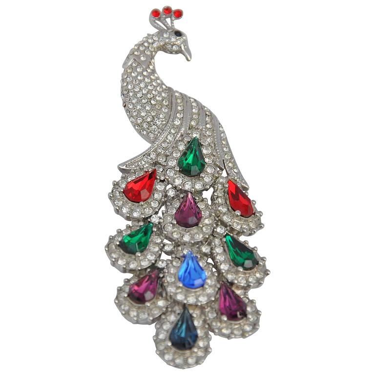 Enamel Peacock Brooch with Gold Leaves, Diamonds, and Dangling Multi ...
