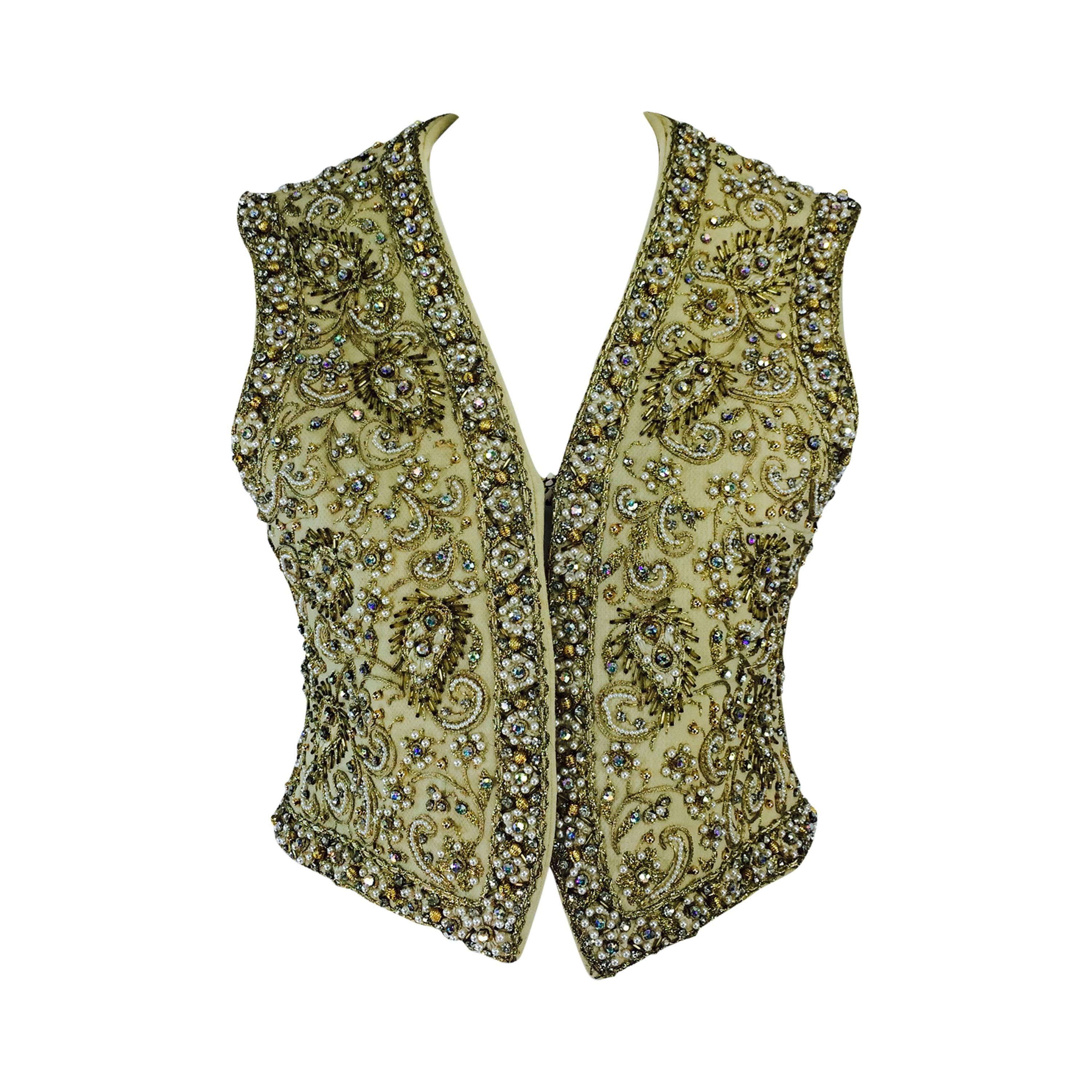 Marie McCarthy for Larry Aldrich gold sequin and rhinestone beaded vest ...
