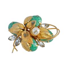 Used Hobe Large Gilded Gold with Jadeite, Pearl and Rhinestones Brooch