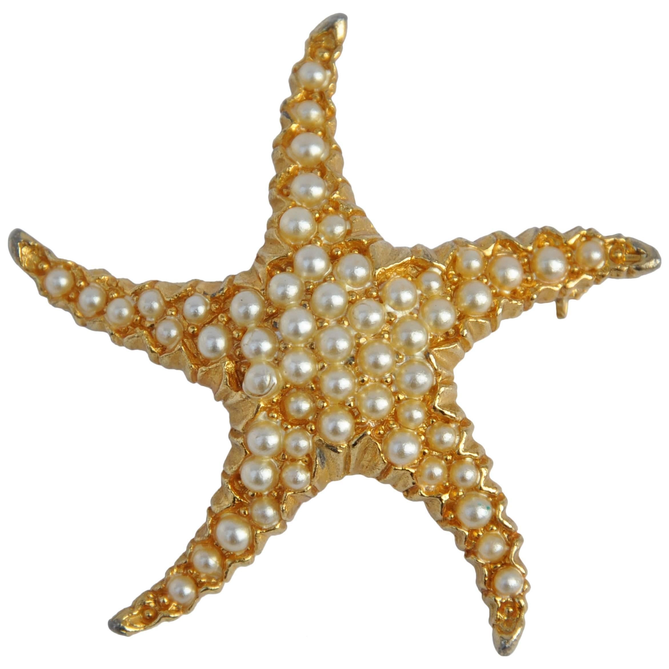 Large Gilded Gold Vermeil "Starfish" with Micro Seed Pearls Brooch For Sale