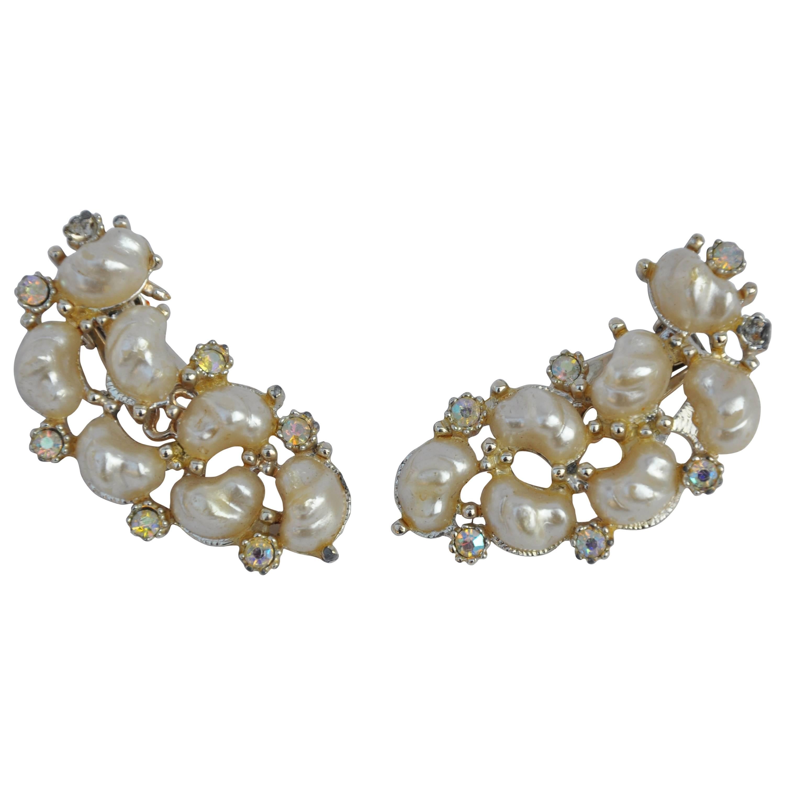 Large Curve Pearls with Rhinestones Ear Clips For Sale