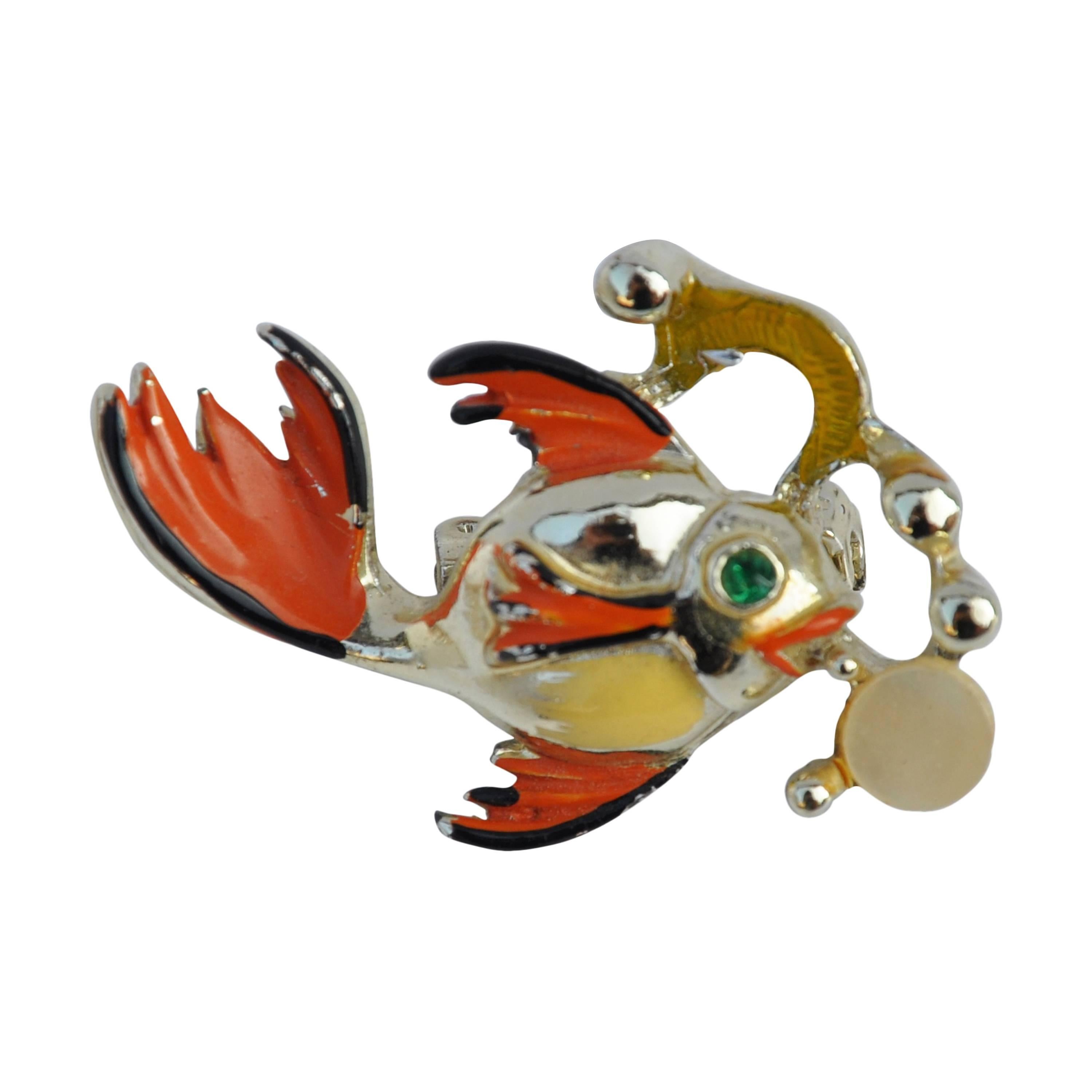 Gilded Gold Vermeil with Enamel "Goldfish" Brooch For Sale