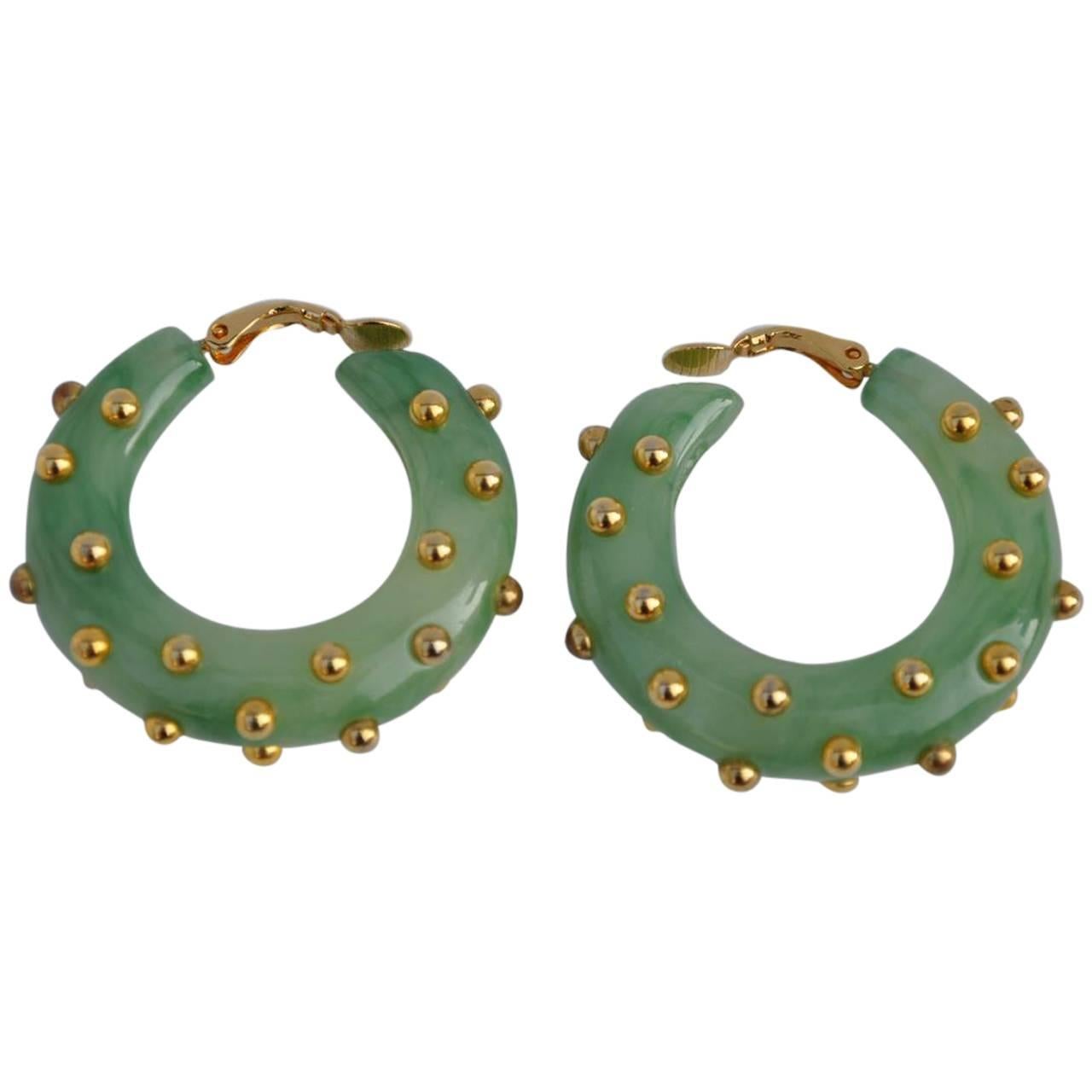Large green Lucite with Gold Studs Accent Loop Ear Clips For Sale