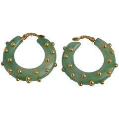 Vintage Large green Lucite with Gold Studs Accent Loop Ear Clips
