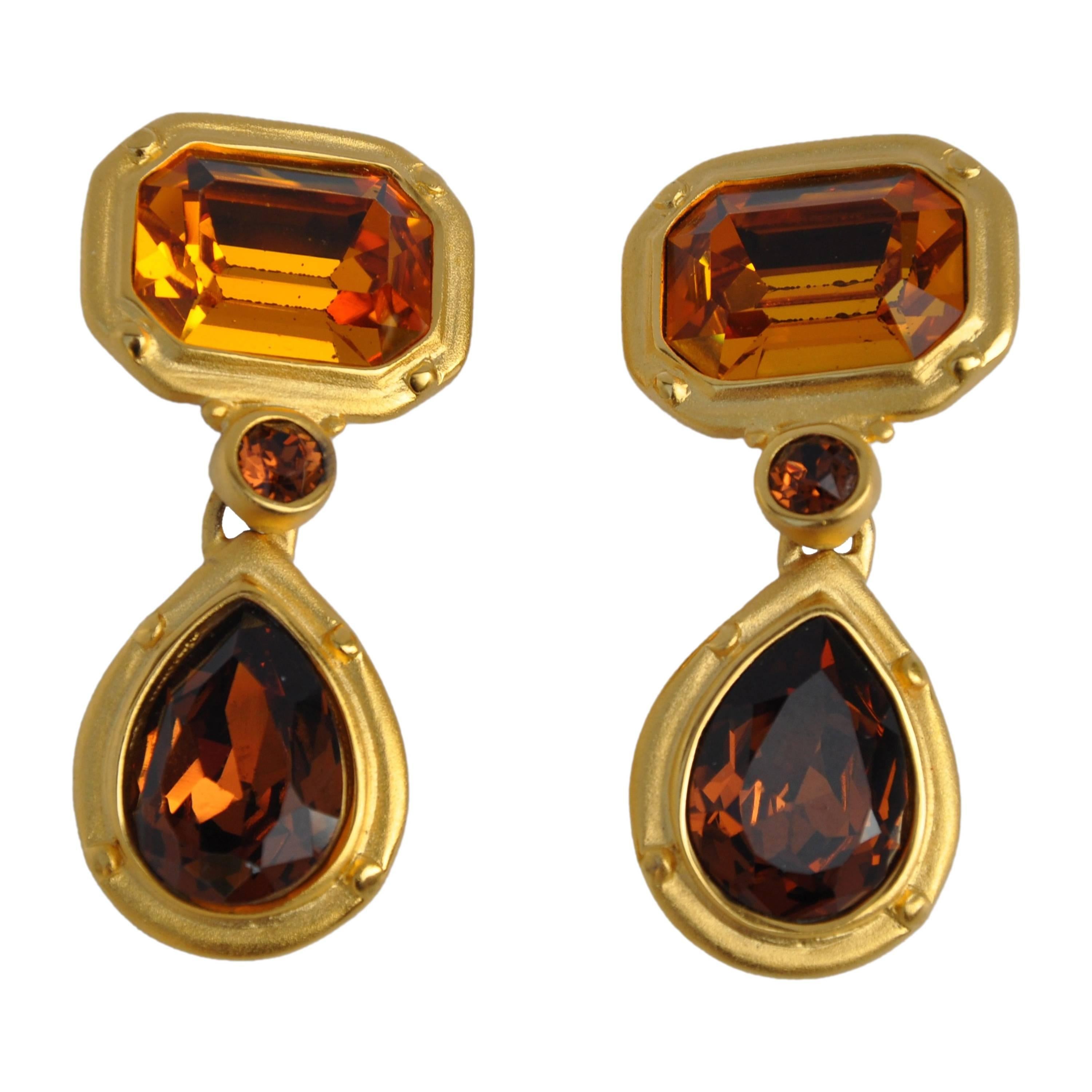 Bold Gilded Gold Vermeil Drop Earrings with Deep-Amber Crystals