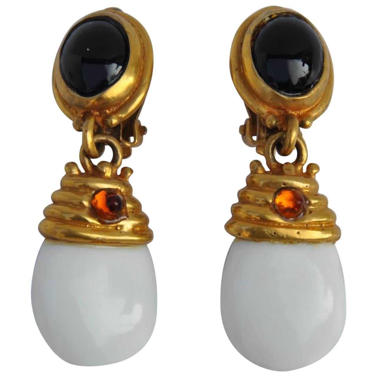 Thick Gold Vermeil with White and Black Accent Drop Earrings For Sale