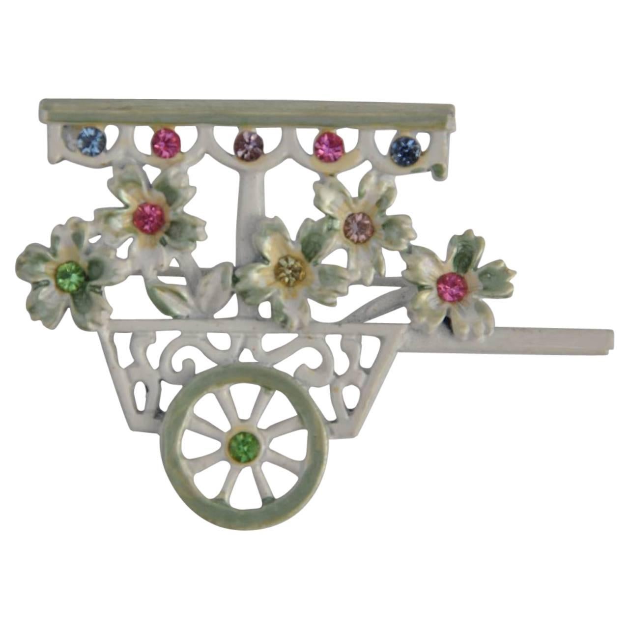 B.J. Multi-Color Enamel "Flower Cart" Brooch For Sale