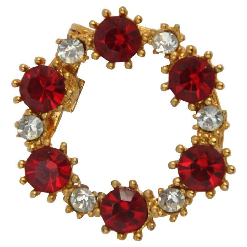 Gilded Gold Vermeil with Ruby Rhinestone Circular Brooch For Sale at ...