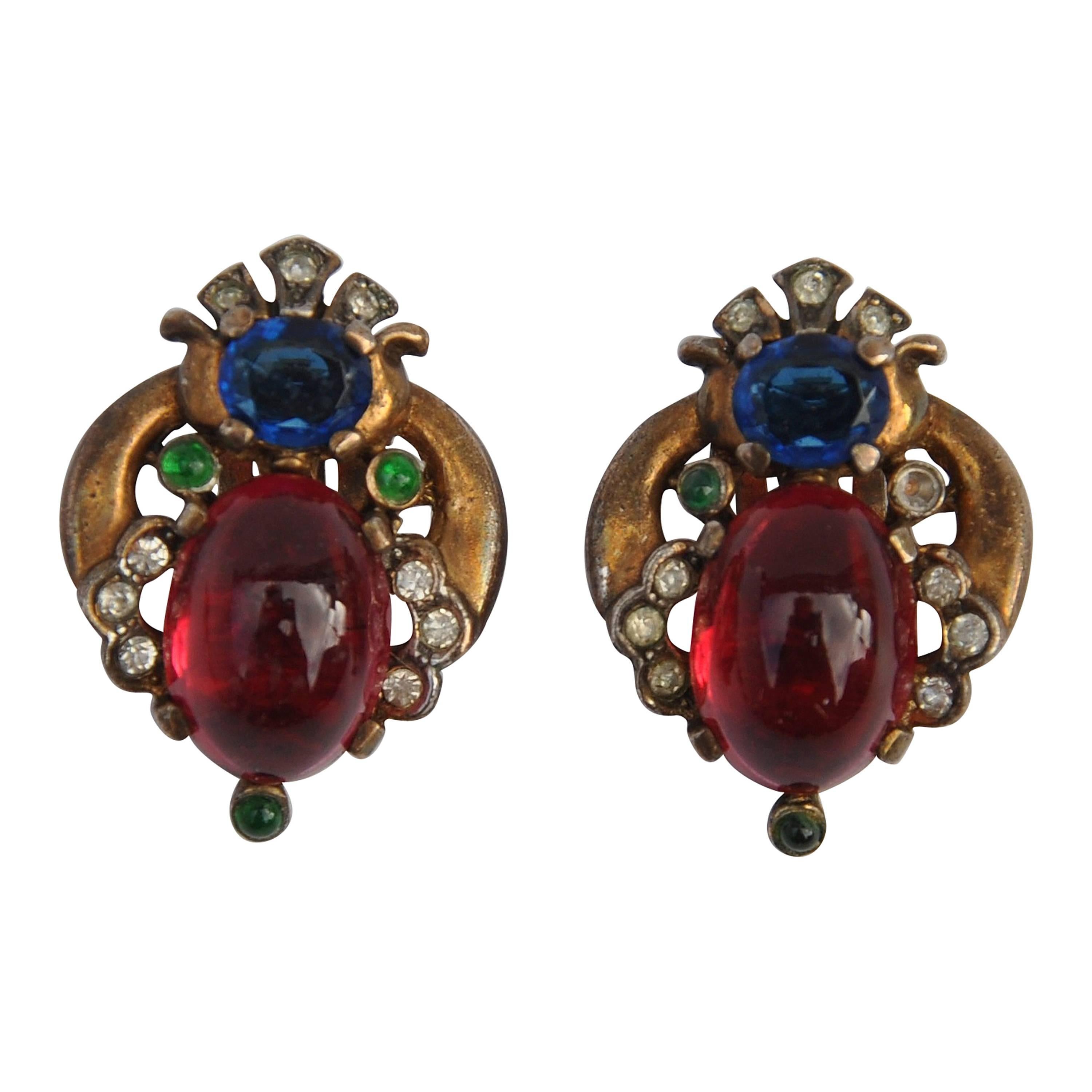 Trifari Multi-Colored With Gold Ear Clips For Sale