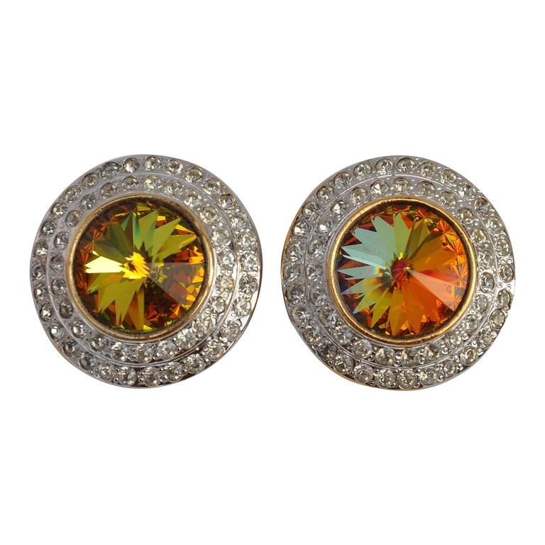 Large Iridescent Center with Multi-Rhinestones Evening Ear Clips