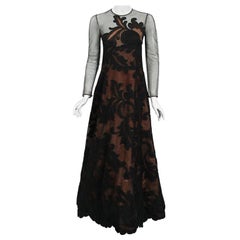 1998 Pierre Balmain Haute Couture Sheer Illusion Appliqué Black Net-Lace Gown