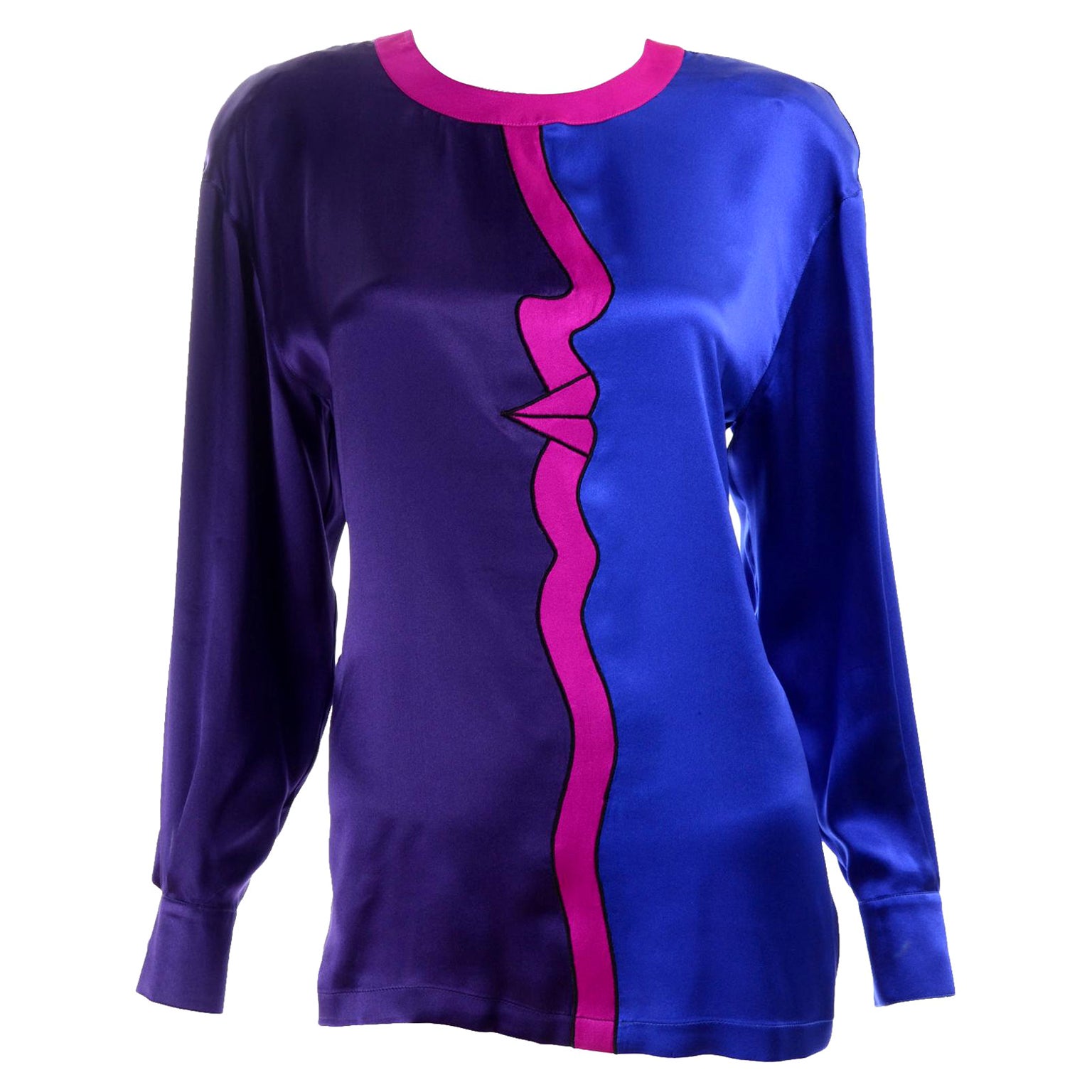 Escada Vintage Purple Blue and Pink Silk Abstract Face Profile Blouse