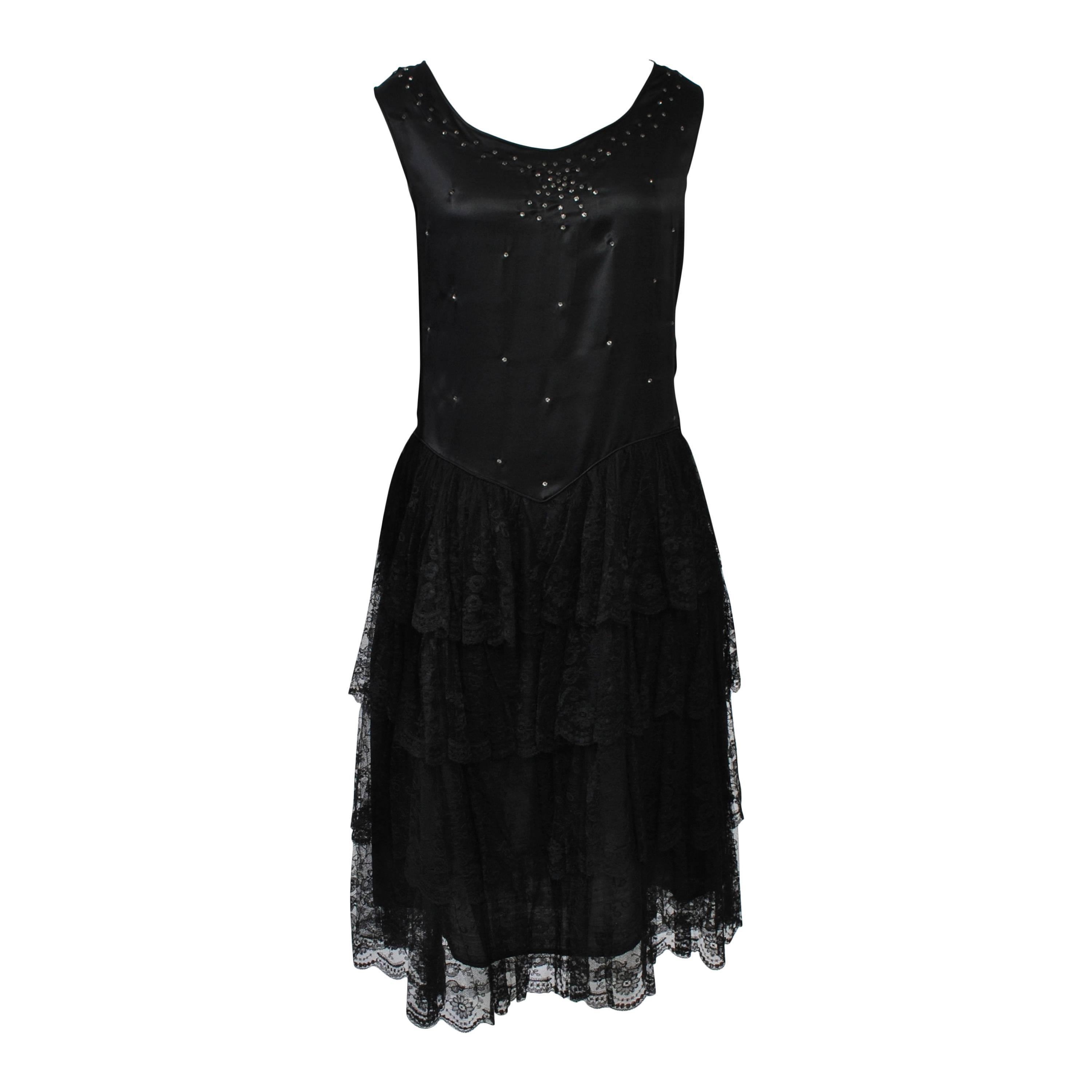 1930s Black Silk and Lace Dress For Sale